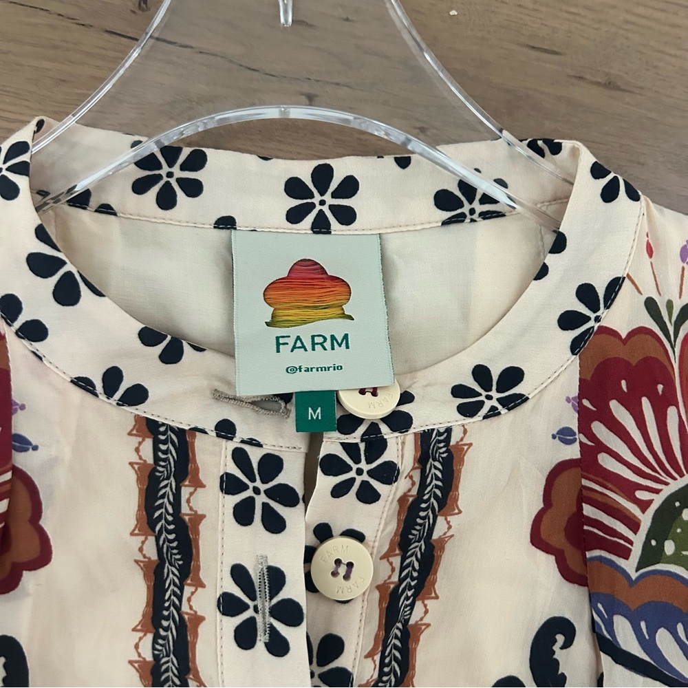 FARM RIO Nature Mini Dress Romantic Bead Belt Maximalist Puff Beige Size Medium - Picture 3 of 16